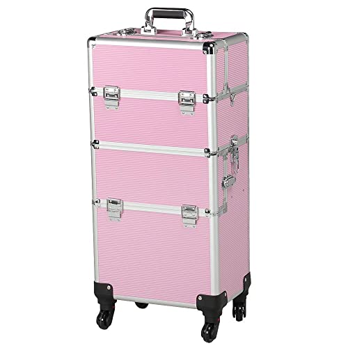 Yaheetech 4 wheels 3 in 1 Professional Rolling Train Cases, Pink Makeup Artist