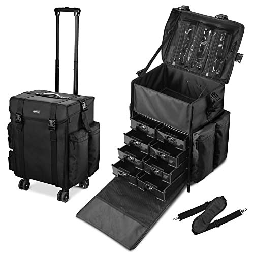SHANY Cosmetics 2 Compartment Soft Black Rolling Trolley Makeup Case with