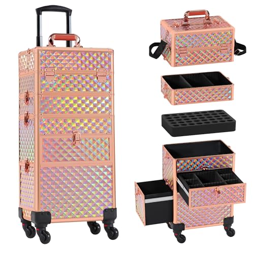 GALHUBIS Makeup Train Case with Drawer, Rolling Makeup Case,...