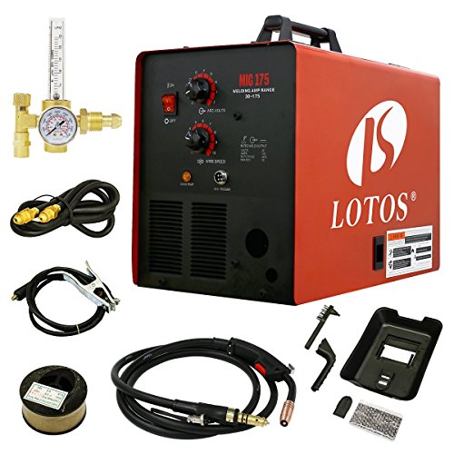 LOTOS MIG175 175AMP Mig Welder with Free Spool Gun, Mask, Aluminum Welding Wires, Solid Wires, Argon Regulator, Standard MIG Gun