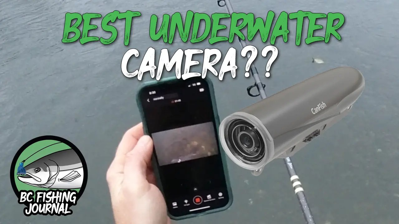 Waterproof action camera resting on a fishing boat gunwale at a calm lake